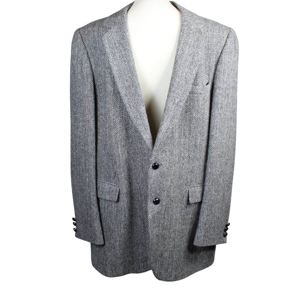 Harris Tweed Blazer Scottish Wool Sport Coat Mens 46 L Grey Vintage Herringbone